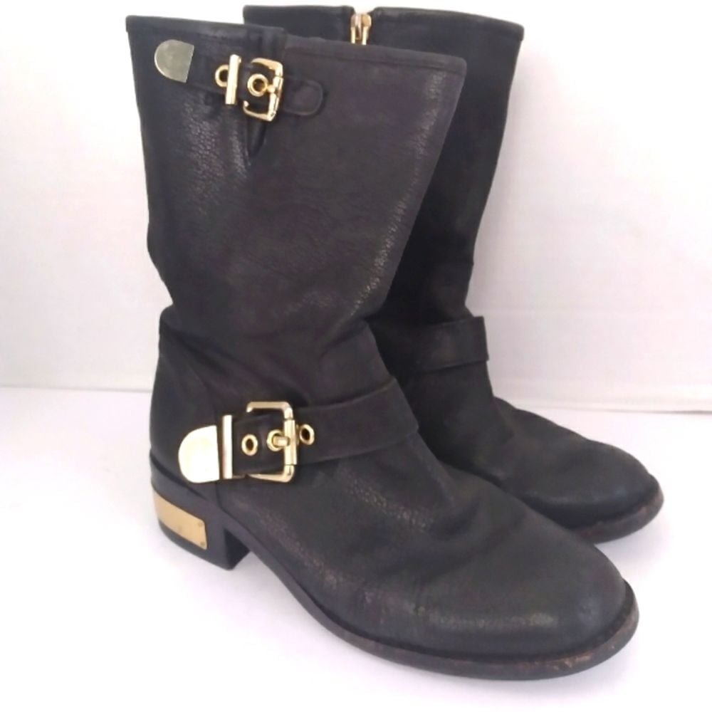 Black Leather Mid-Calf Boots with Gold Buckle Details Casual Motorcycle Style